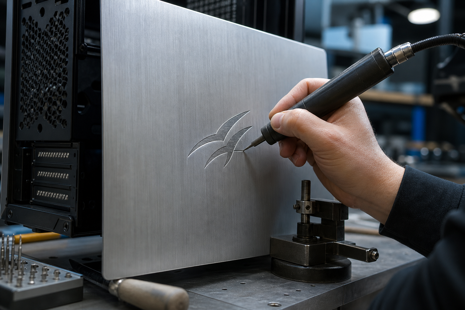 Gravure laser d'un logo sur un panneau de châssis